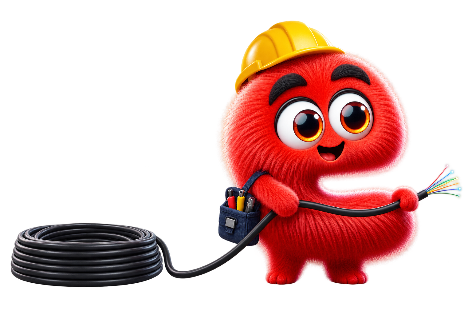 Czerwona maskotka Landtech Kids w kasku rozwija szpulę światłowodu