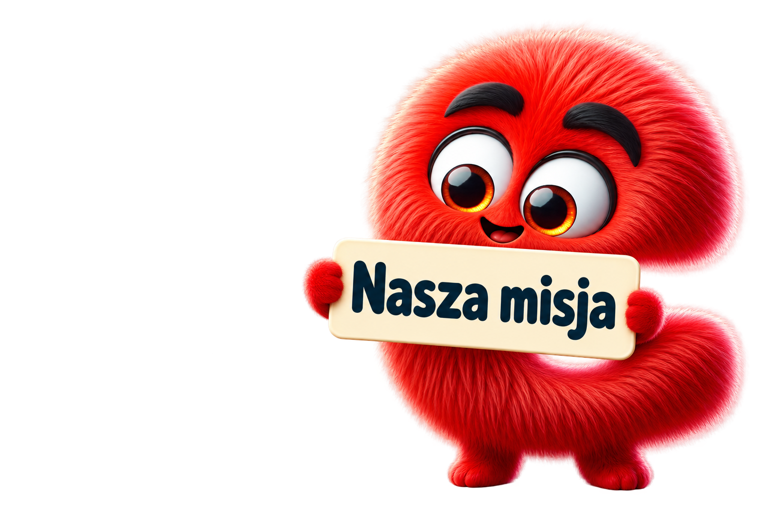 Czerwona maskotka Landtech Kids trzyma tabliczkę Nasza misja