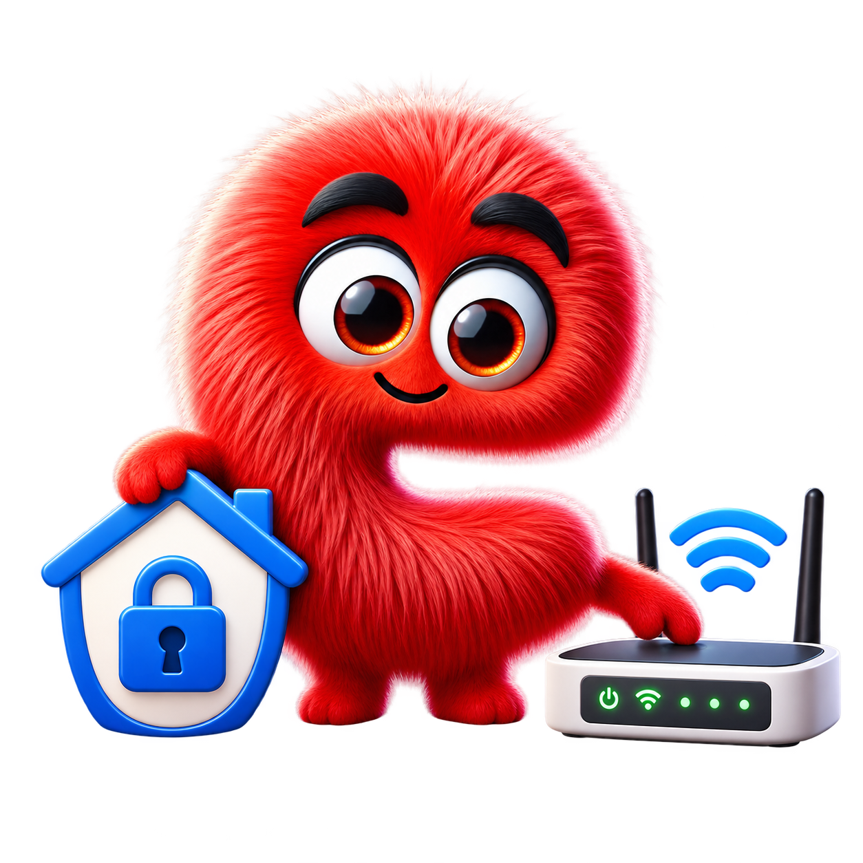 Czerwona maskotka Landtech Kids opiera się o dom z kłódką i dotyka domowego routera Wi-Fi